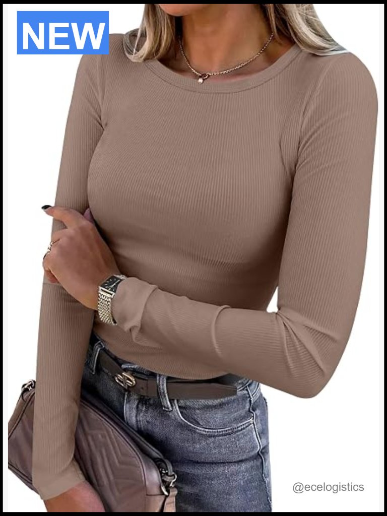 Slim Fit Long Sleeve Rib Knit Crewneck T-Shirt Layering Top